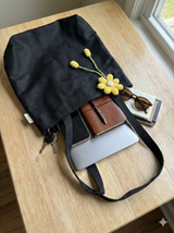 Hemp Black Travel Tote Bag with Yellow Crochet Flower Charm