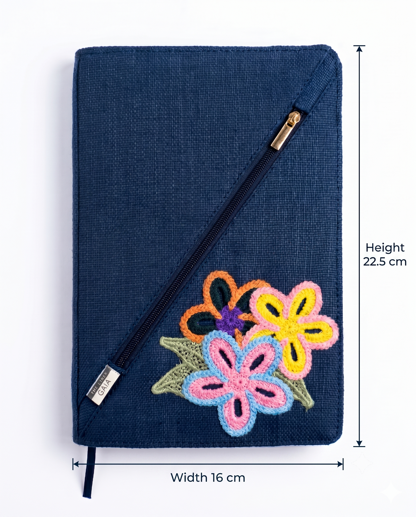 Hemp Diagonal Zip Diary Cover| Flora Applique Design