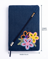 Hemp Diagonal Zip Diary Cover| Flora Applique Design