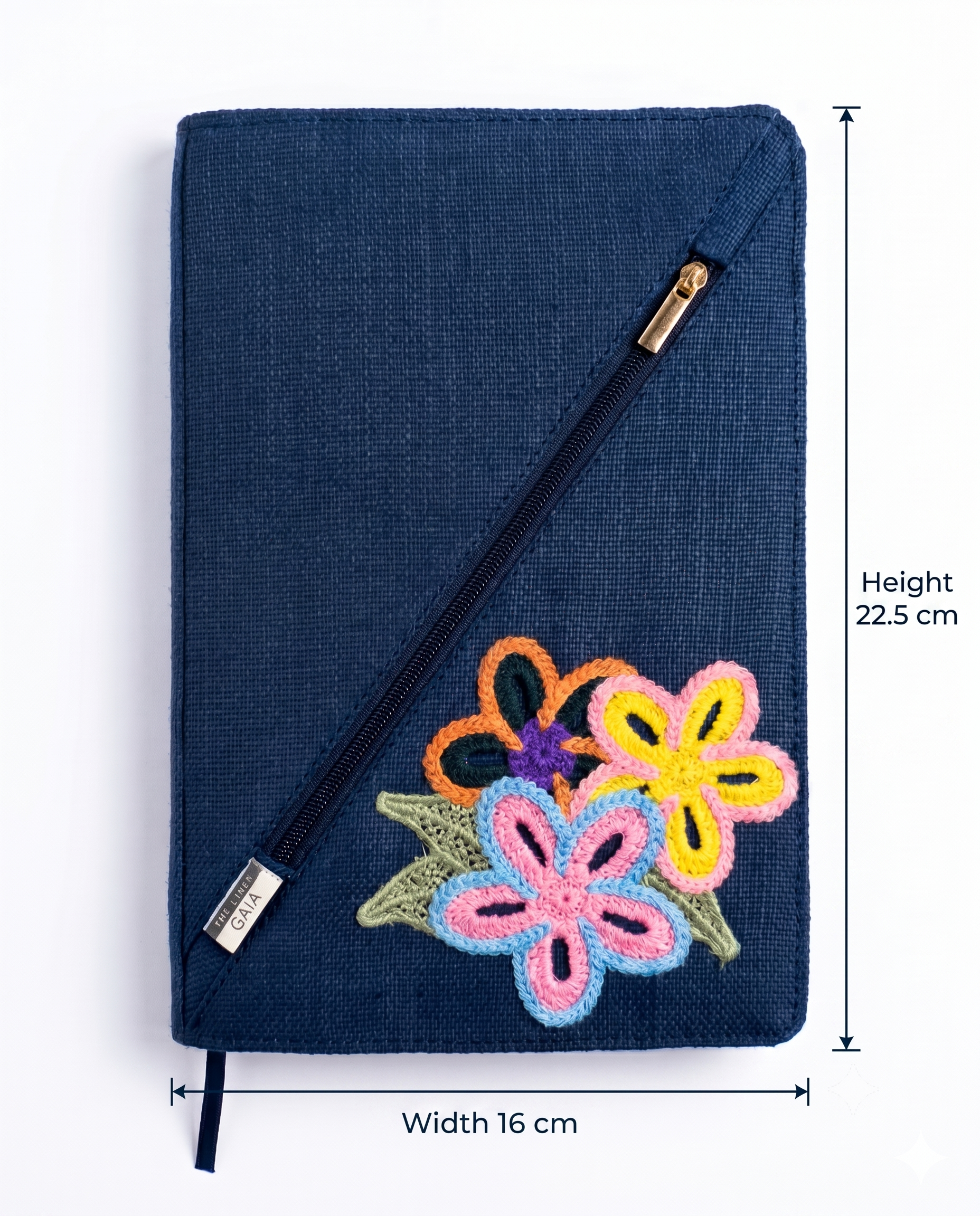 Hemp Diagonal Zip Diary Cover| Flora Applique Design