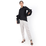Hemp Black Asymmetric Ruffled Sleeves Shirt