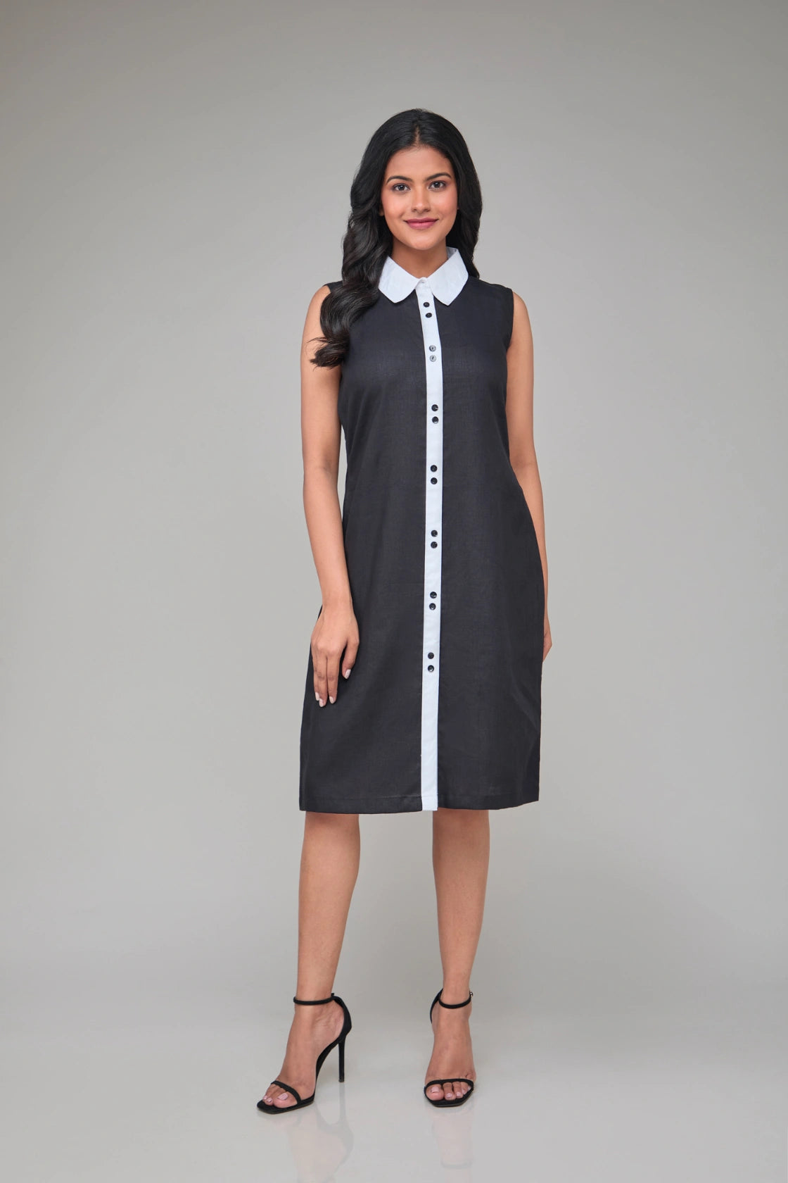 Hemp Sleeveless Contrast Collar Shift Dress