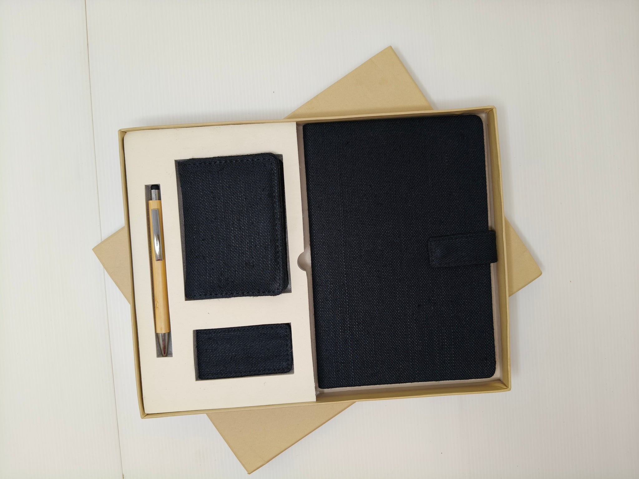 Pen, Bamboo Bottle, Coaster, Vertical Card Holder and Diary With Button Flap Closure
