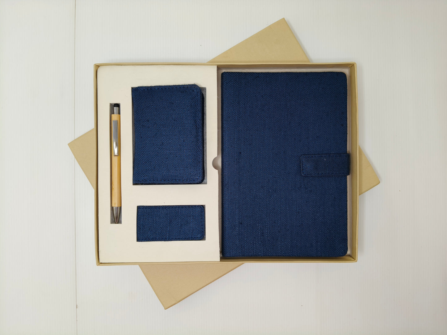 Pen, Bamboo Bottle, Coaster, Vertical Card Holder and Diary With Button Flap Closure