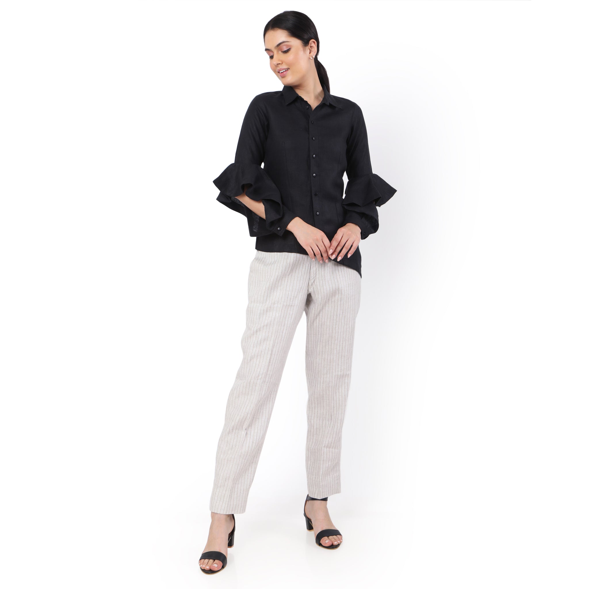 Hemp Formal Black Asymmetric Ruffled Sleeves Shirt