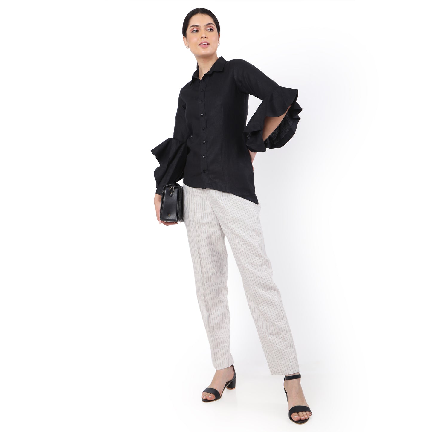 Hemp Formal Black Asymmetric Ruffled Sleeves Shirt