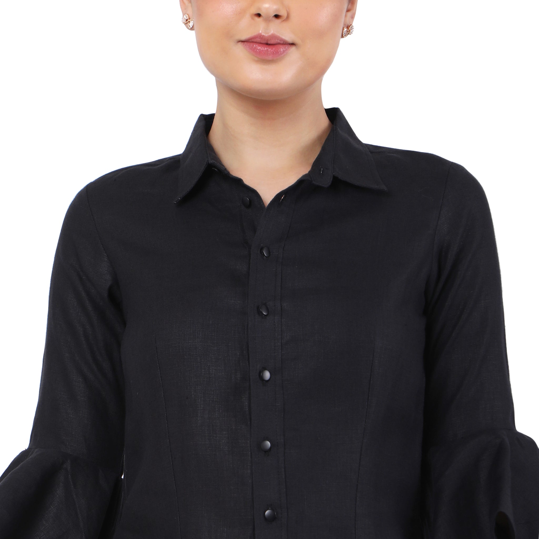 The Label GAIA Hemp Black Asymmetric Ruffled Sleeves Shirt