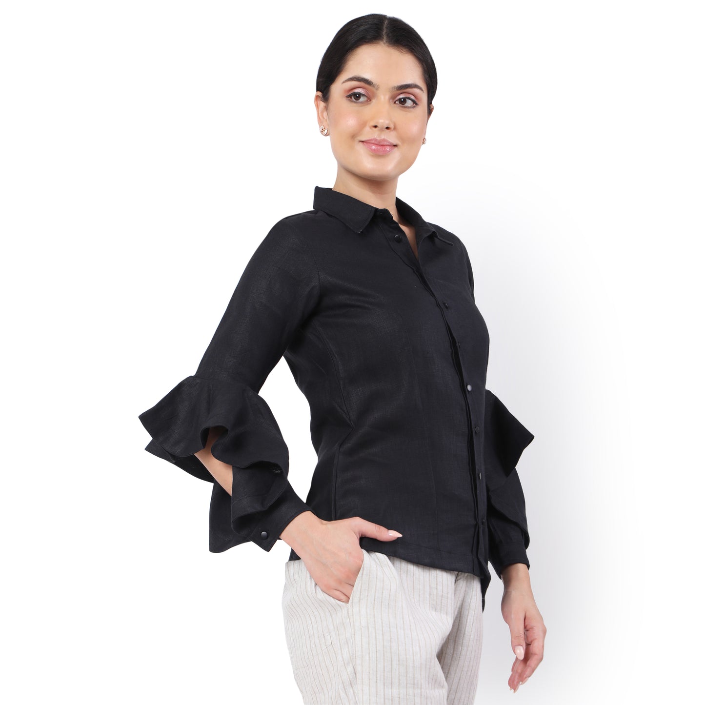 The Label GAIA Hemp Black Asymmetric Ruffled Sleeves Shirt