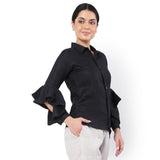 The Label GAIA Hemp Black Asymmetric Ruffled Sleeves Shirt