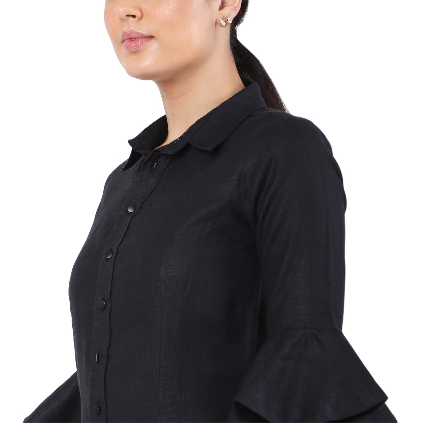 The Label GAIA Hemp Black Asymmetric Ruffled Sleeves Shirt