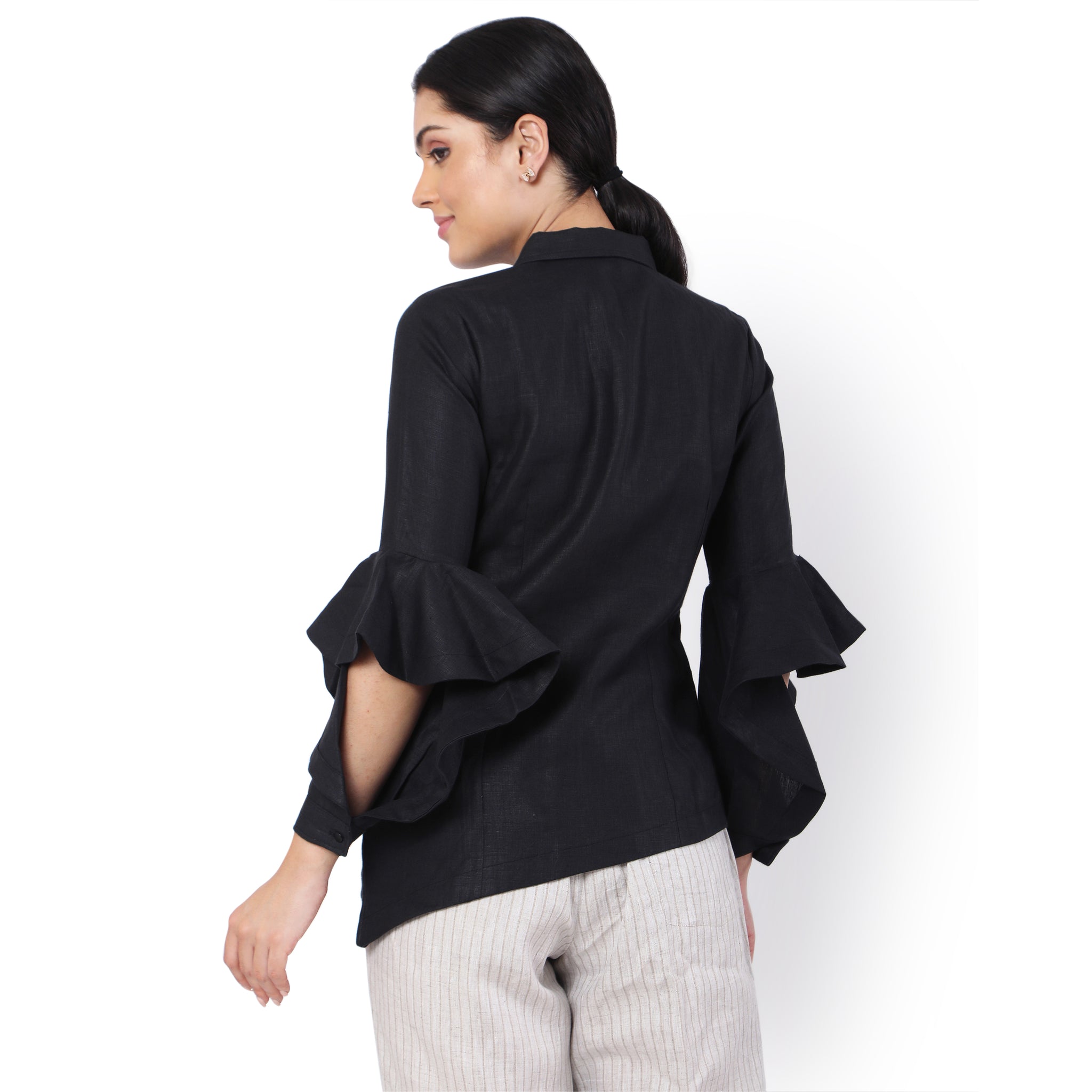 The Label GAIA Hemp Black Asymmetric Ruffled Sleeves Shirt