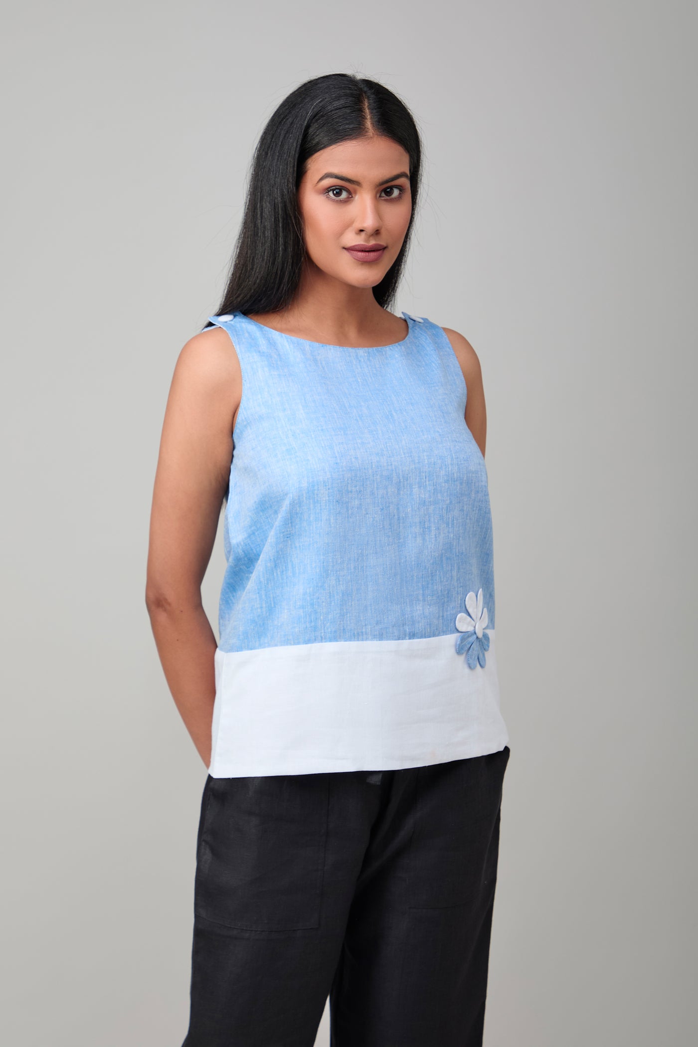 Hemp And Bamboo Contrast Sleeveless Flower Top