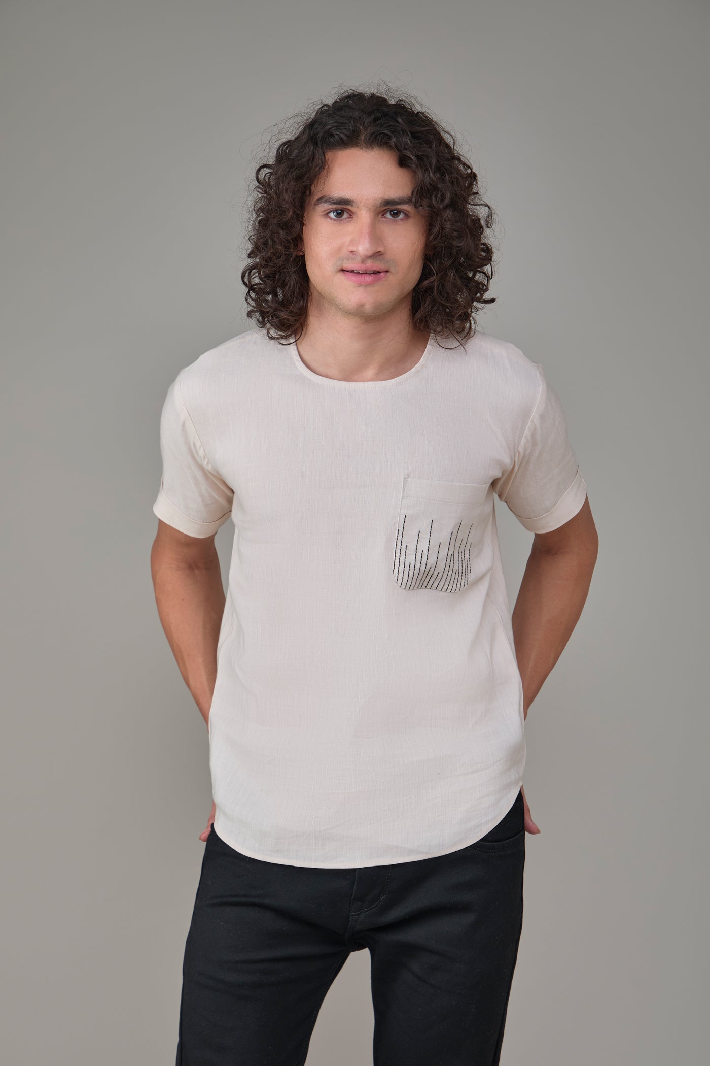 Men' Hemp T-Kurta with Linear Edge Pocket
