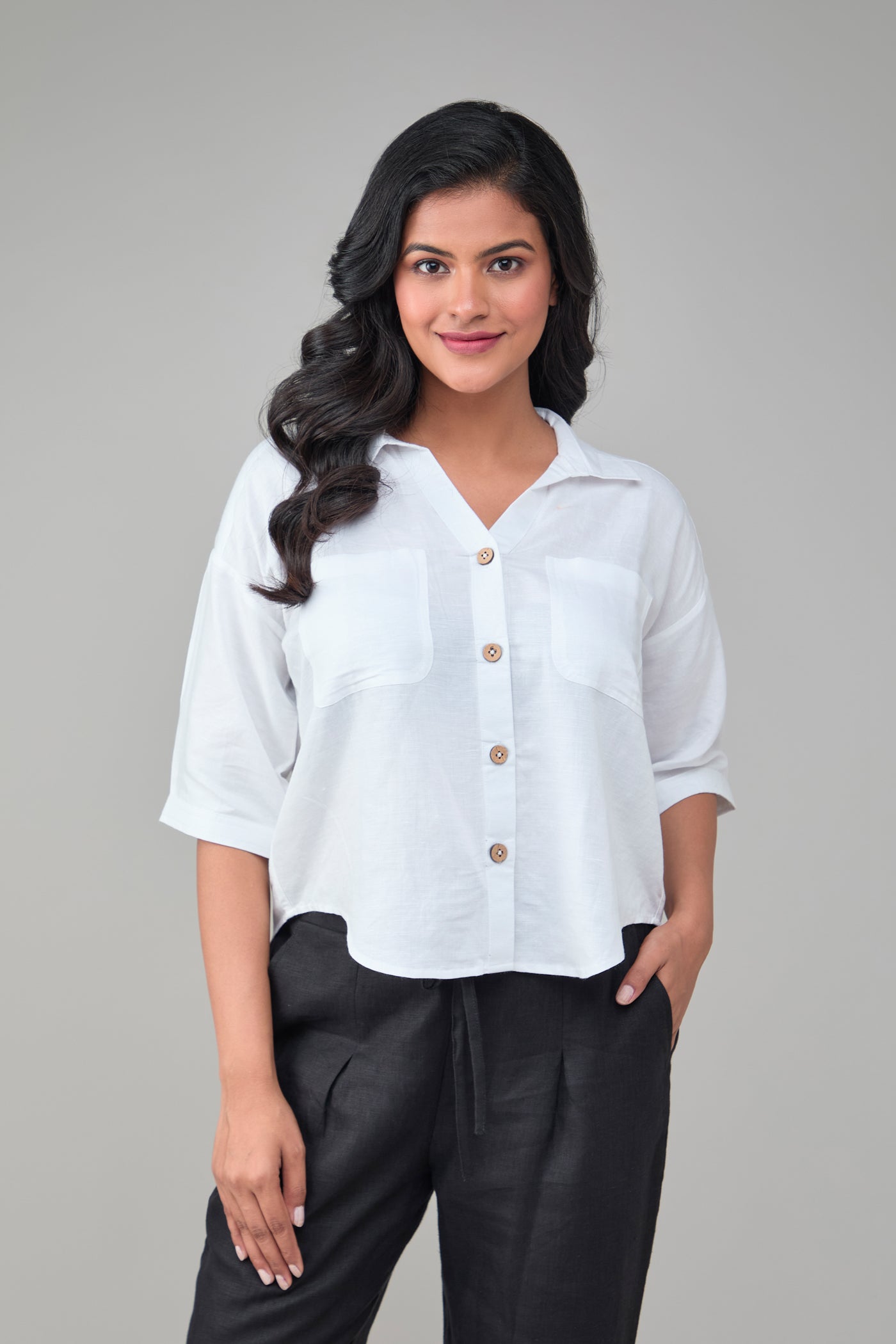 White Off Shoulder Shirt in Hemp Bamboo
