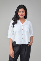 White Off Shoulder Shirt in Hemp Bamboo