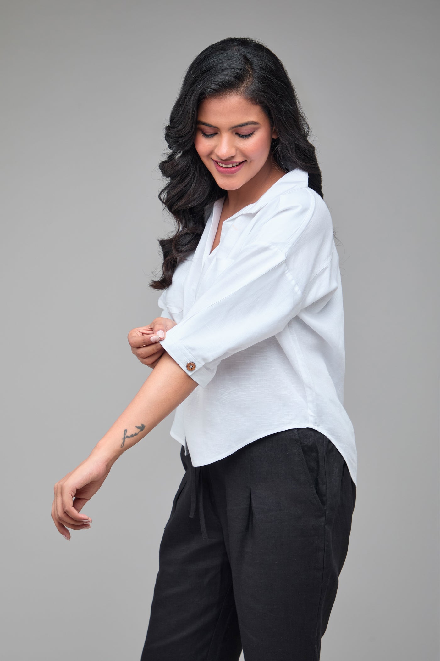 White Off Shoulder Shirt in Hemp Bamboo