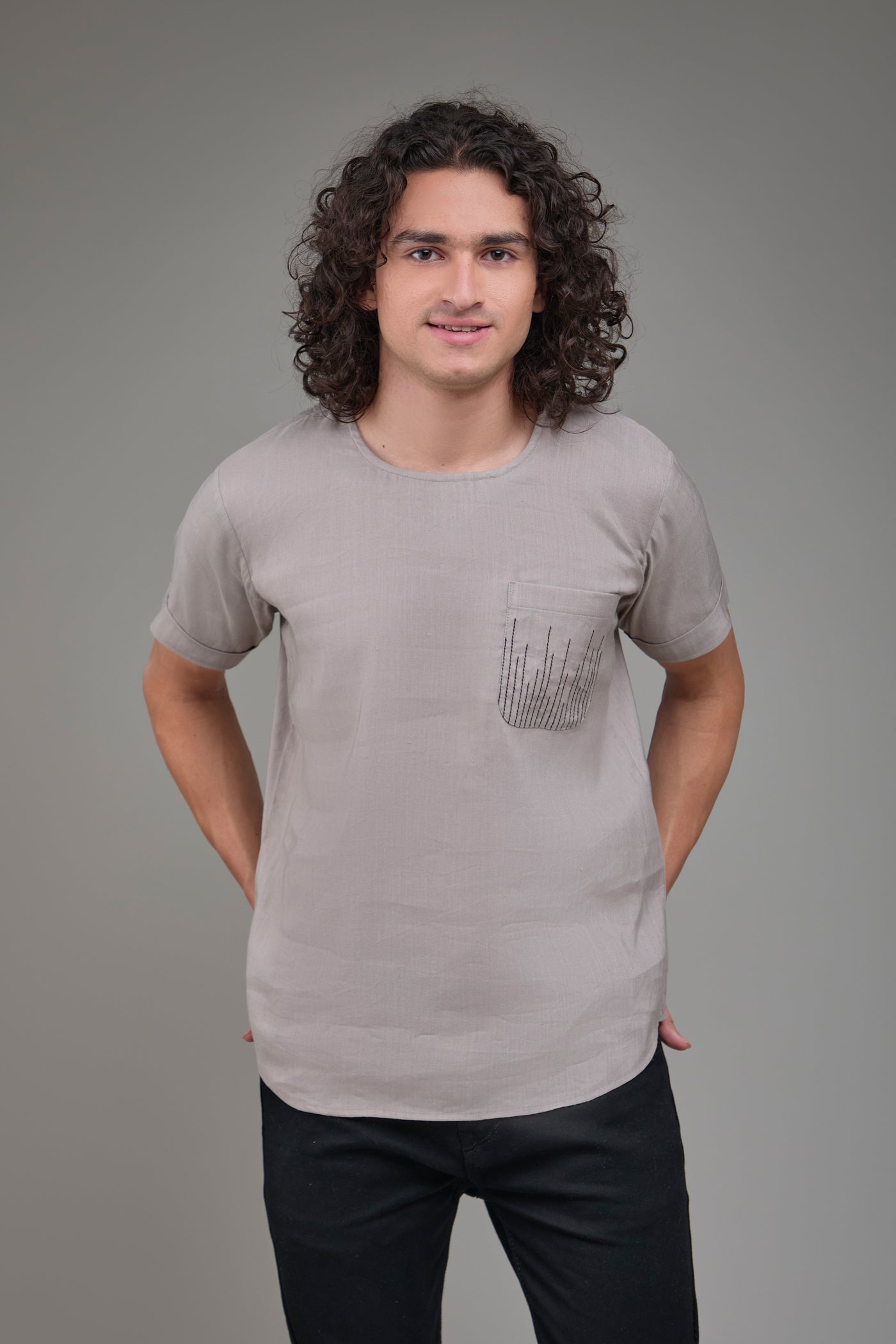 Men' Hemp T-Kurta with Linear Edge Pocket