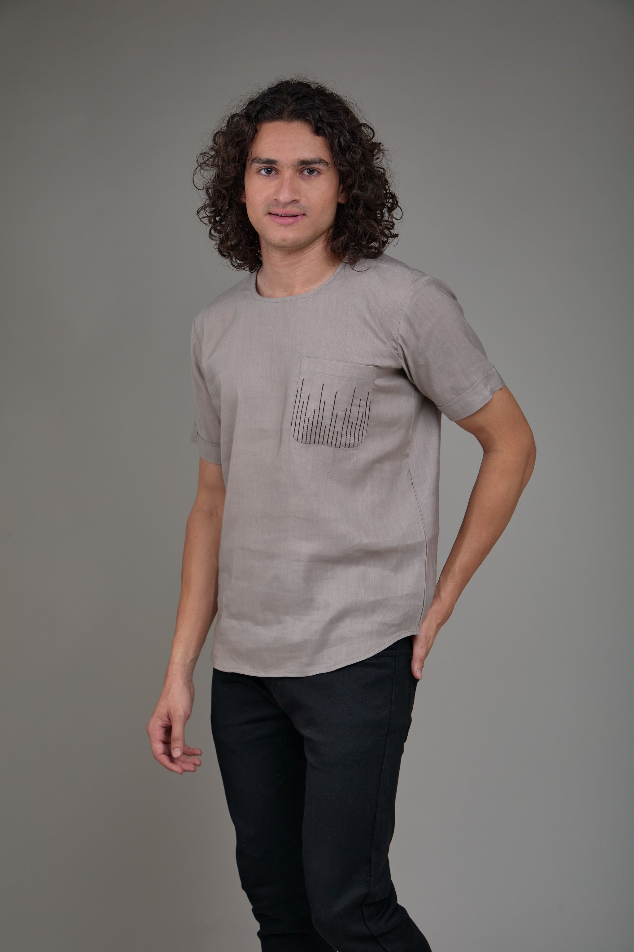 Men' Hemp T-Kurta with Linear Edge Pocket