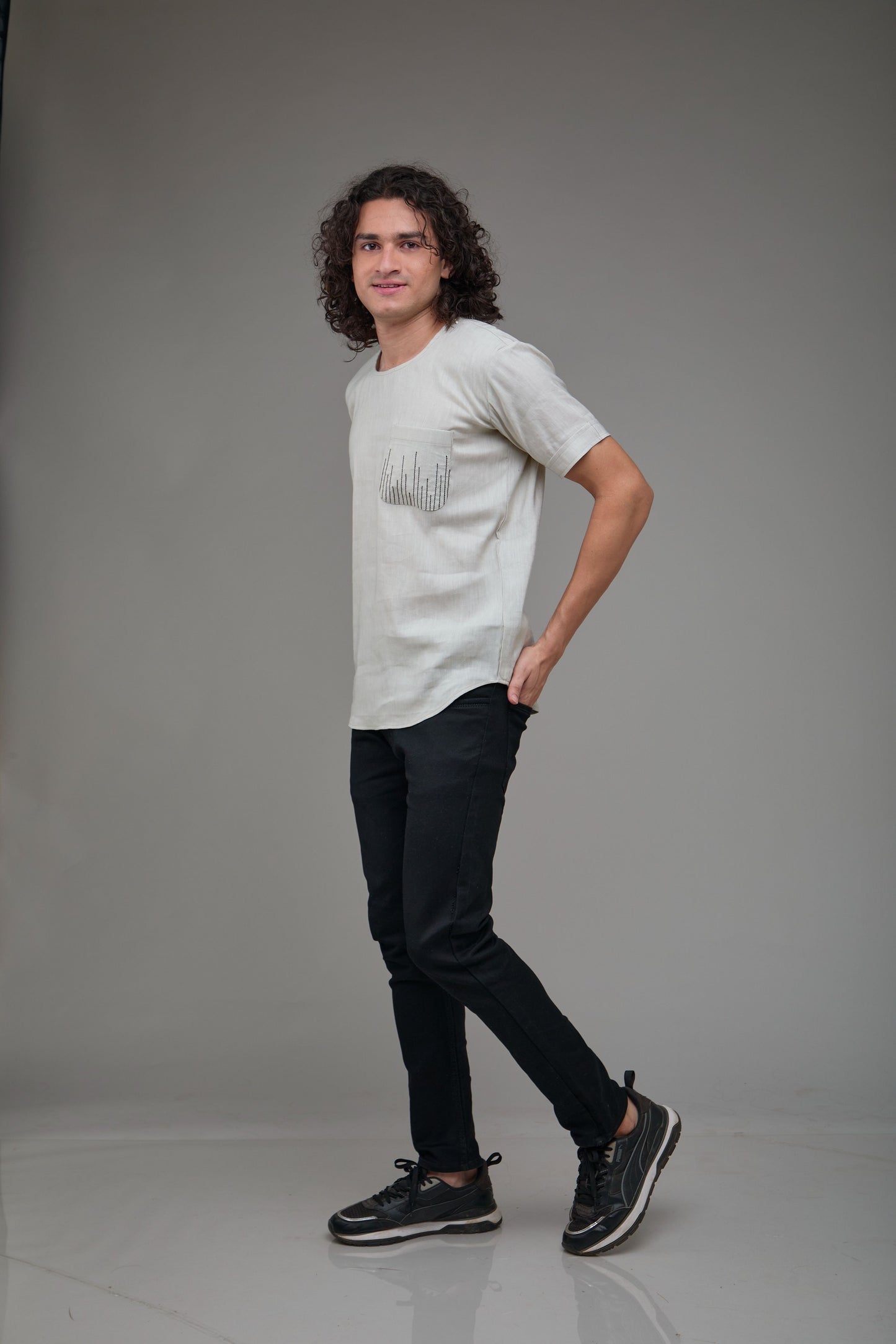 Men' Hemp T-Kurta with Linear Edge Pocket