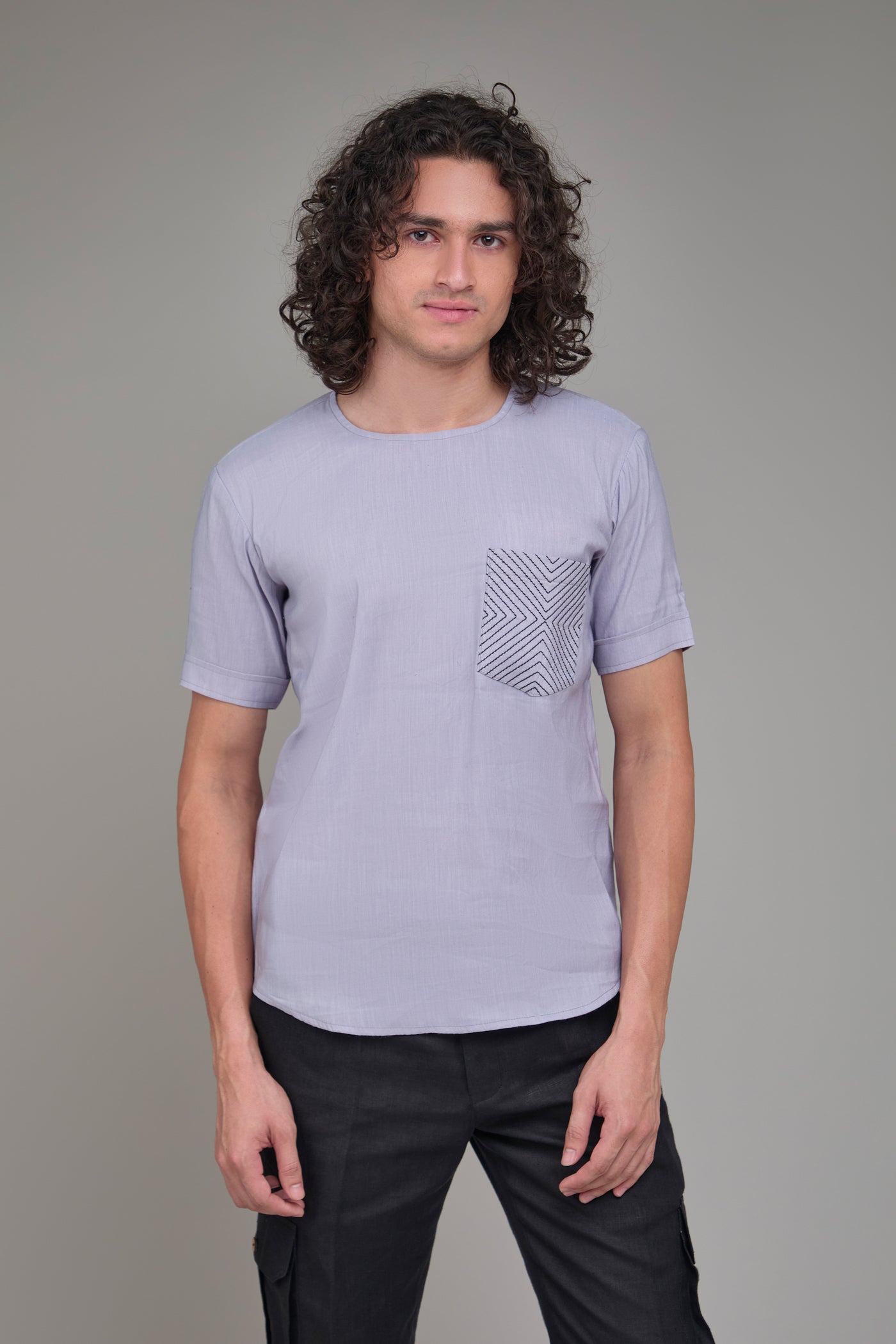 Men' Hemp T-Kurta with Geometric Anchor Stitch Pocket