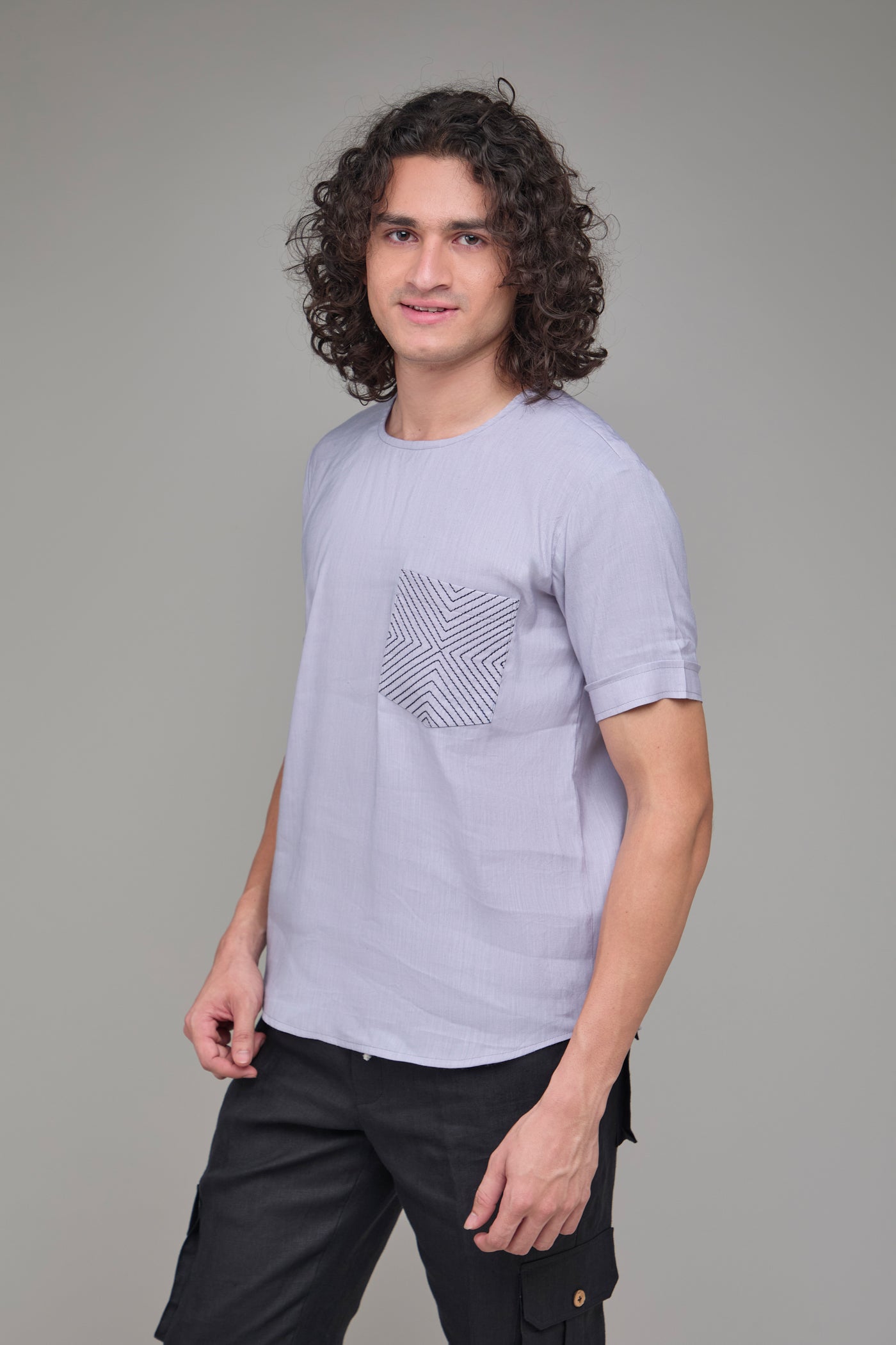Men' Hemp T-Kurta with Geometric Anchor Stitch Pocket
