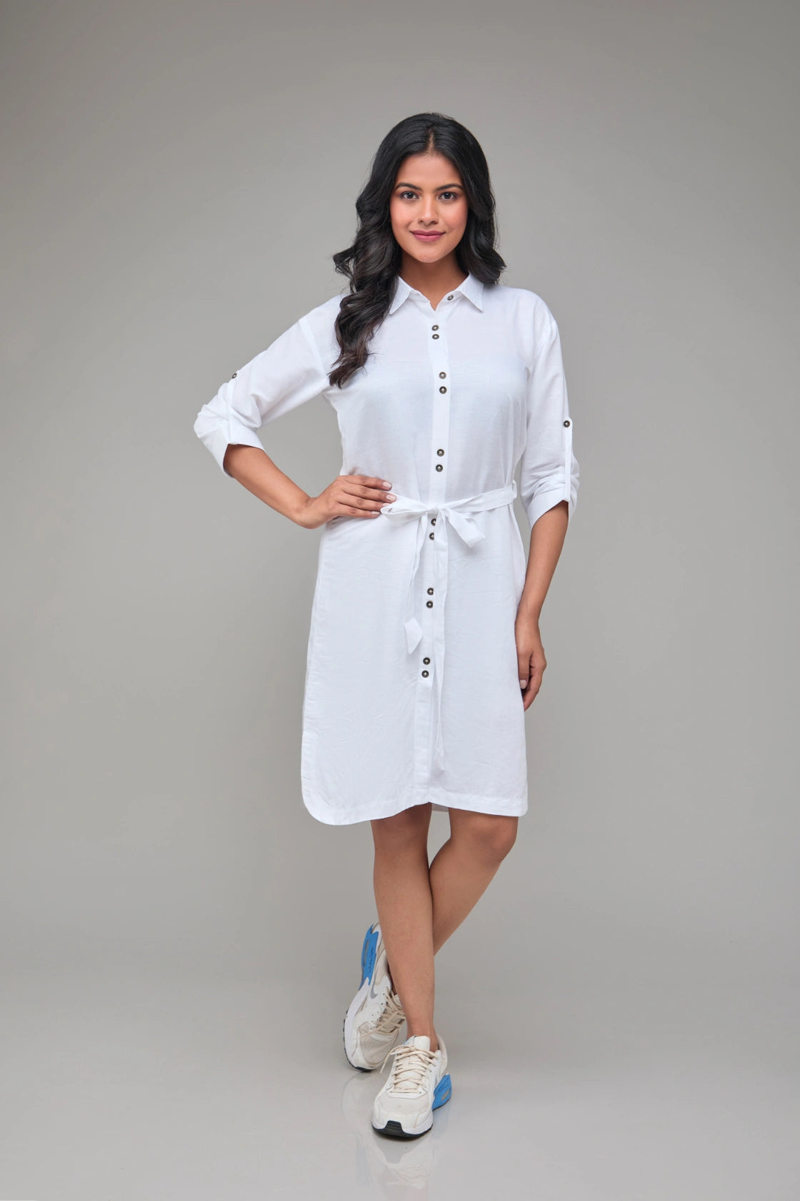 White Three Quarter Sleeves Hemp Shirt Dress