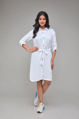 White Three Quarter Sleeves Hemp Shirt Dress