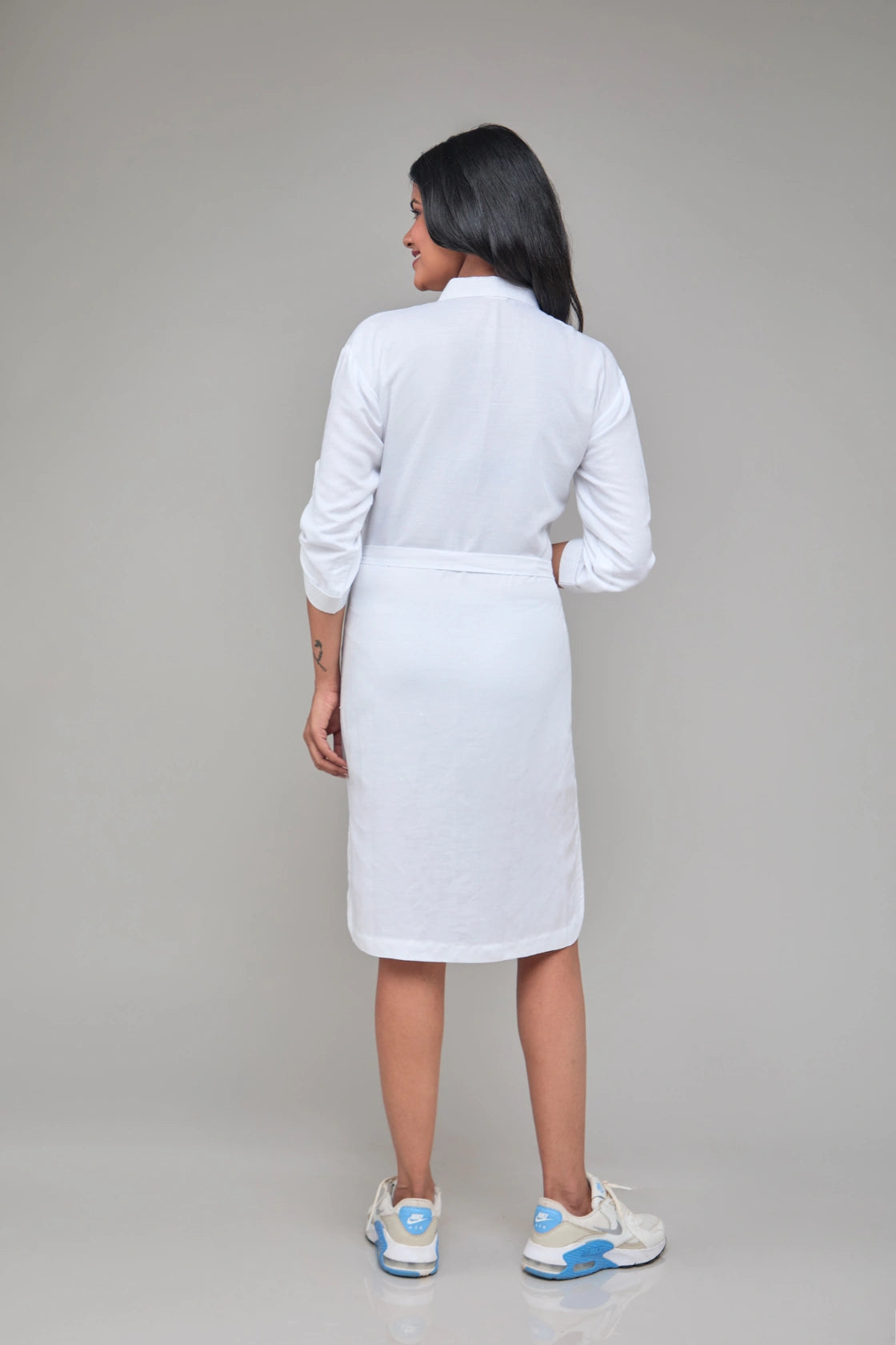 White Three Quarter Sleeves Hemp Shirt Dress