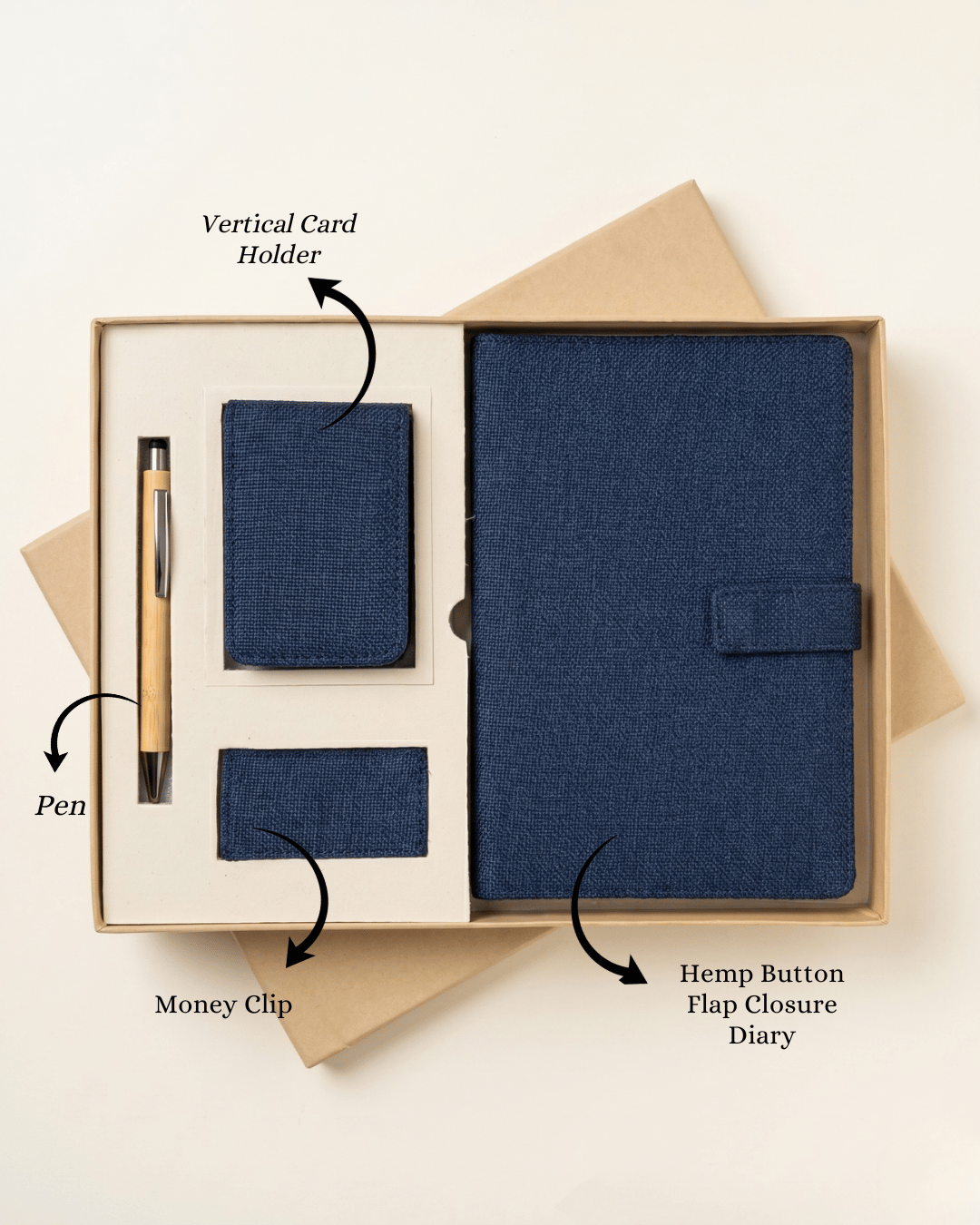 The Executive Hamper : Hemp Diary with Button Flap Closure, Vertical Card Holder, Money clip & Pen