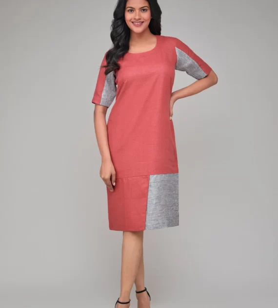 Contrast Half Sleeves Hemp Shift Dress