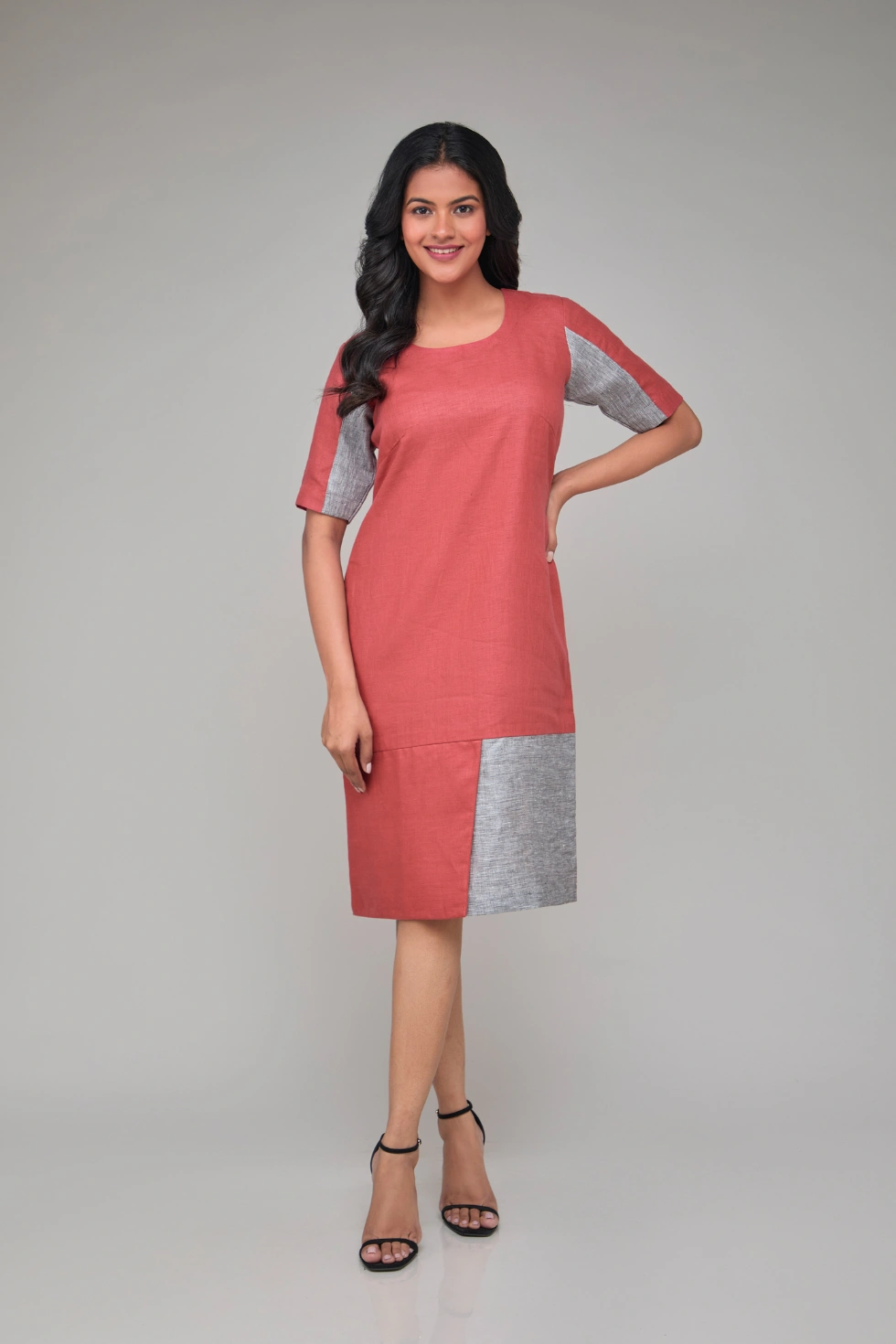 Contrast Half Sleeves Hemp Shift Dress