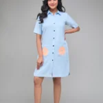 Hemp Front Button Down Shirt Dress Blue