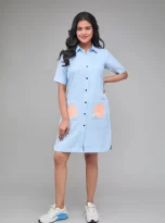 Hemp Front Button Down Shirt Dress Blue_1