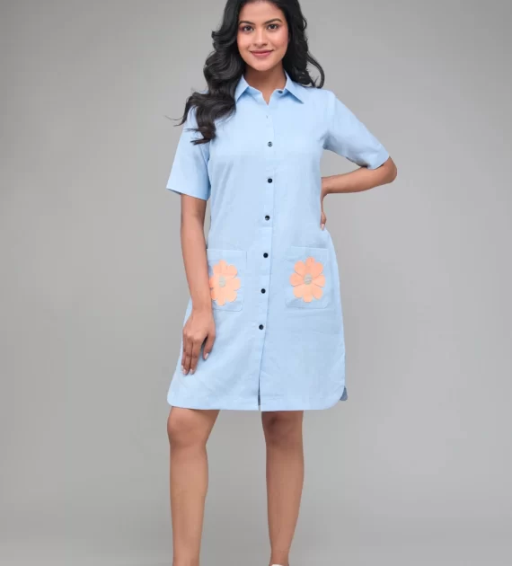 Hemp Front Button Down Shirt Dress Blue