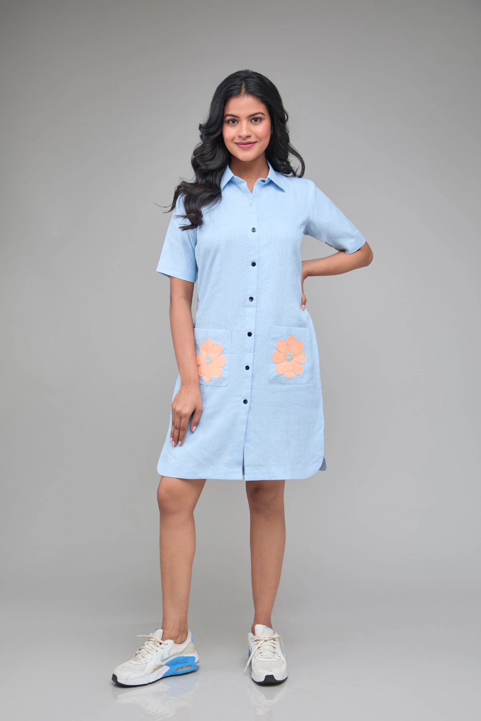 Hemp Front Button Down Shirt Dress Blue