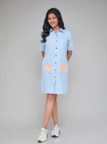 Hemp Front Button Down Shirt Dress Blue_2