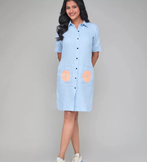 Hemp Front Button Down Shirt Dress Blue