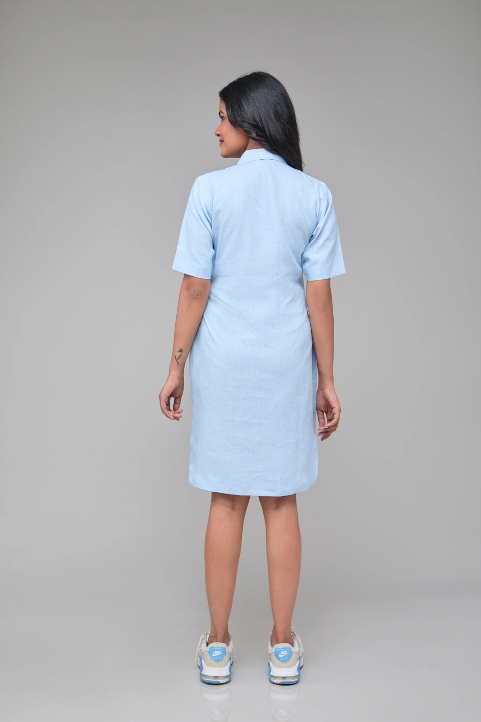 Hemp Front Button Down Shirt Dress Blue