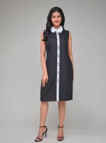 Hemp Sleeveless Contrast Collar Shift Dress_1