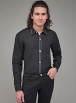 Men Solid Hemp Black Casual Shirt_2