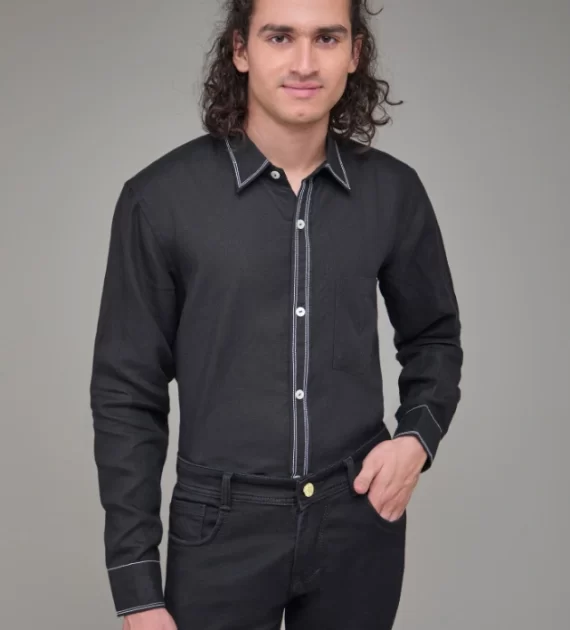 Men Solid Hemp Black Casual Shirt