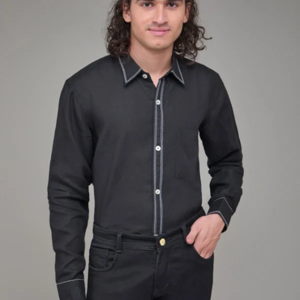 Men Solid Hemp Black Casual Shirt