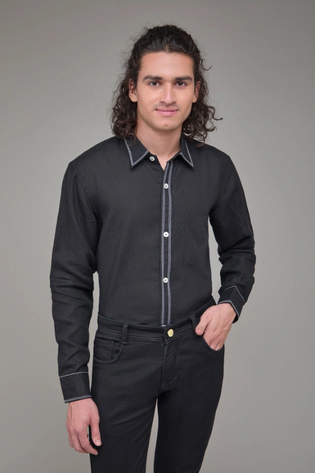 Men Solid Hemp Black Casual Shirt