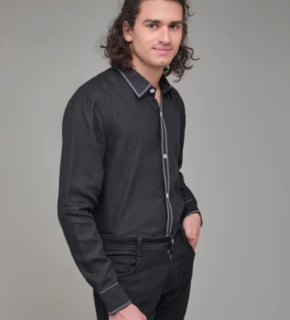 Men Solid Hemp Black Casual Shirt