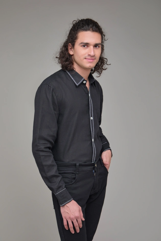 Men Solid Hemp Black Casual Shirt