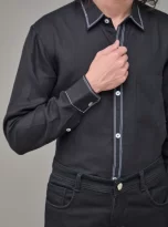 Men Solid Hemp Black Casual Shirt_4