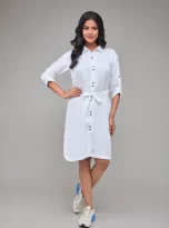 White Three Quarter Sleeves Hemp Shirt Dress_1