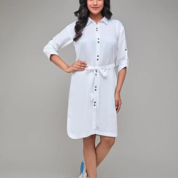 White Three Quarter Sleeves Hemp Shirt Dress