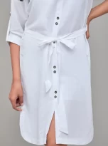 White Three Quarter Sleeves Hemp Shirt Dress_3